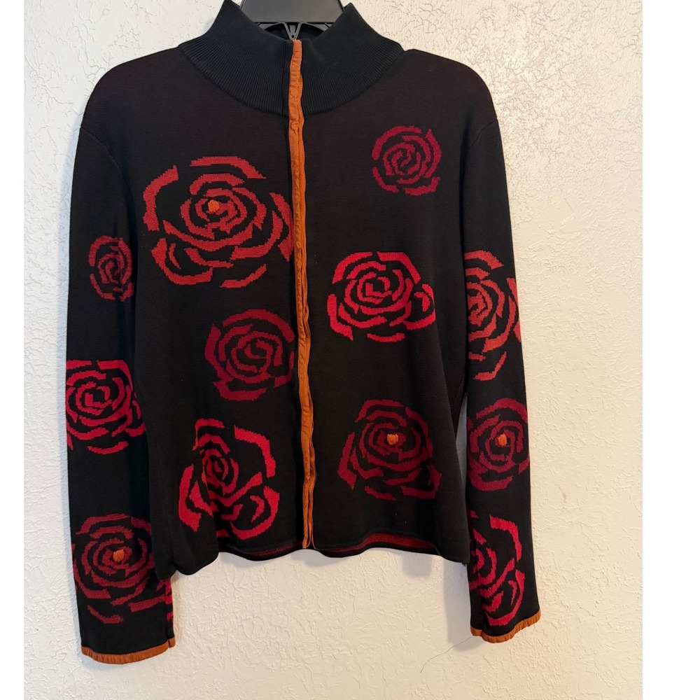 Covelo Clothing Silk Cotton Rose Intarsia Snap Front Mock Neck Cardigan Black M